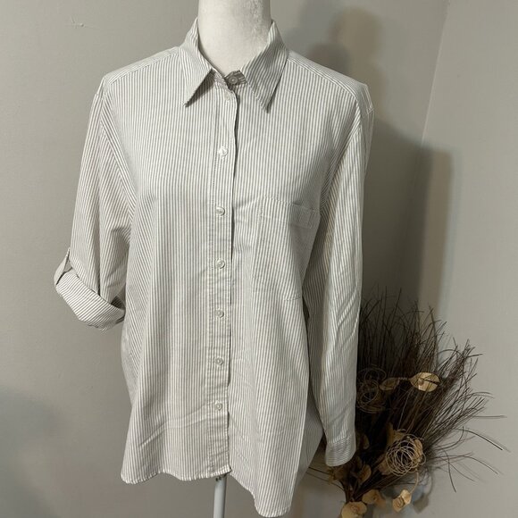 Vtg Allison Daley Women Striped Tan White Button Up Shirt Roll Tab Sleeve Sz 16 - Picture 1 of 5